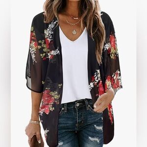 Women's Floral Print Puff Sleeve Kimono/Cardigan/Loose/Cover Up